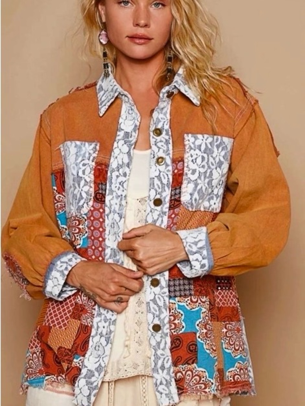 POL Boho Patchwork Shacket in Rust, Cream with Lace/ embroidered details - Picture 4 of 8